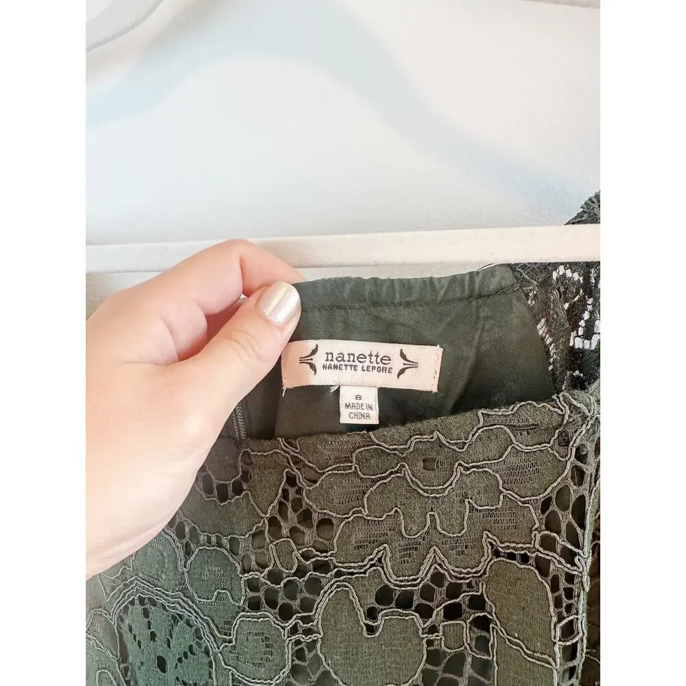 Nanette Lepore Dark Green Lace Midi Dress Puff Sleeve Holiday Size 8 - Picture 5 of 13